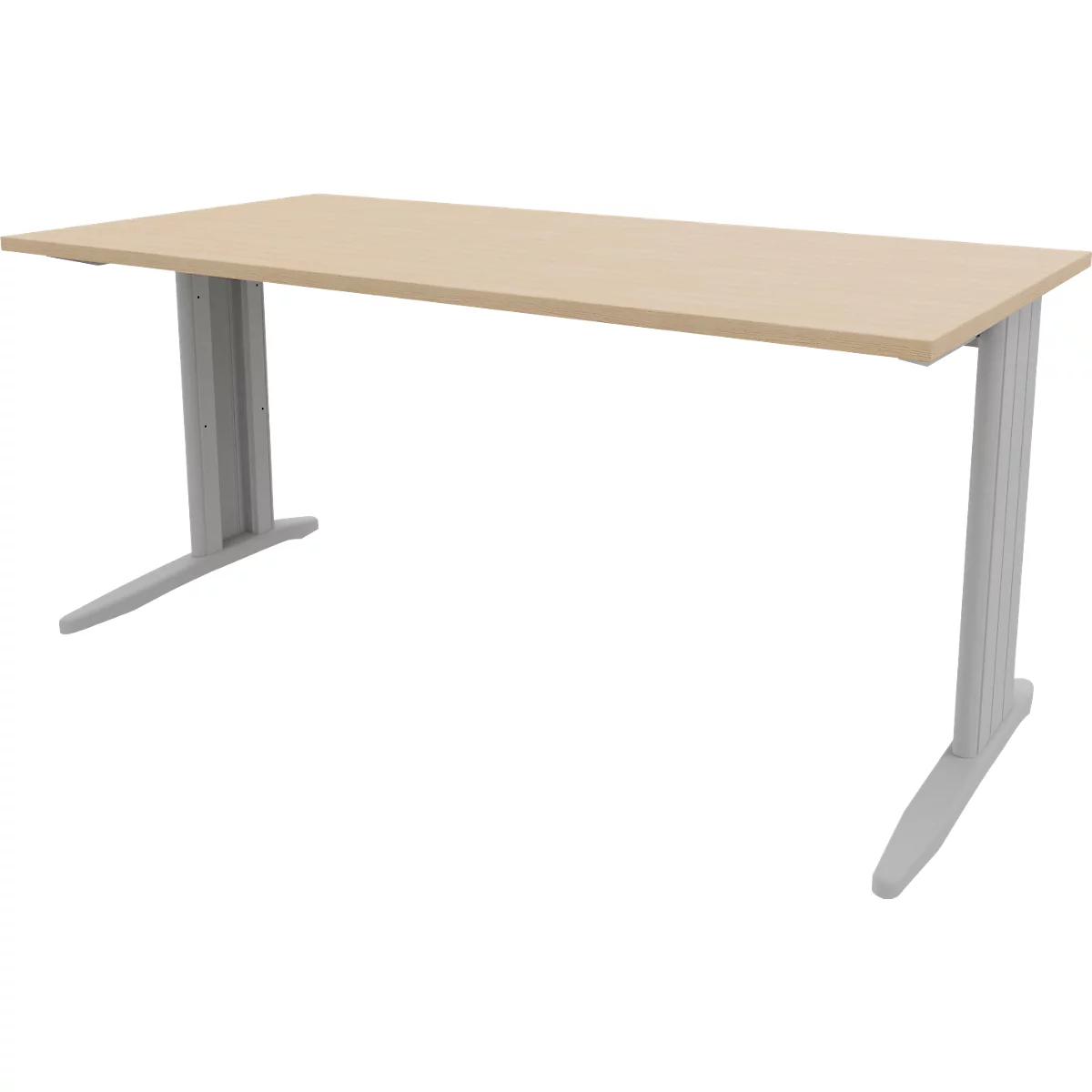 Wooden desk with silver legs. Rectangular tabletop. The legs are slightly curved at the ends.