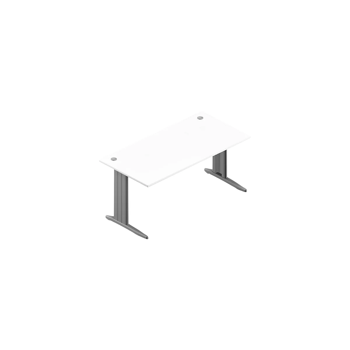 White desk with two gray legs resting on the floor.