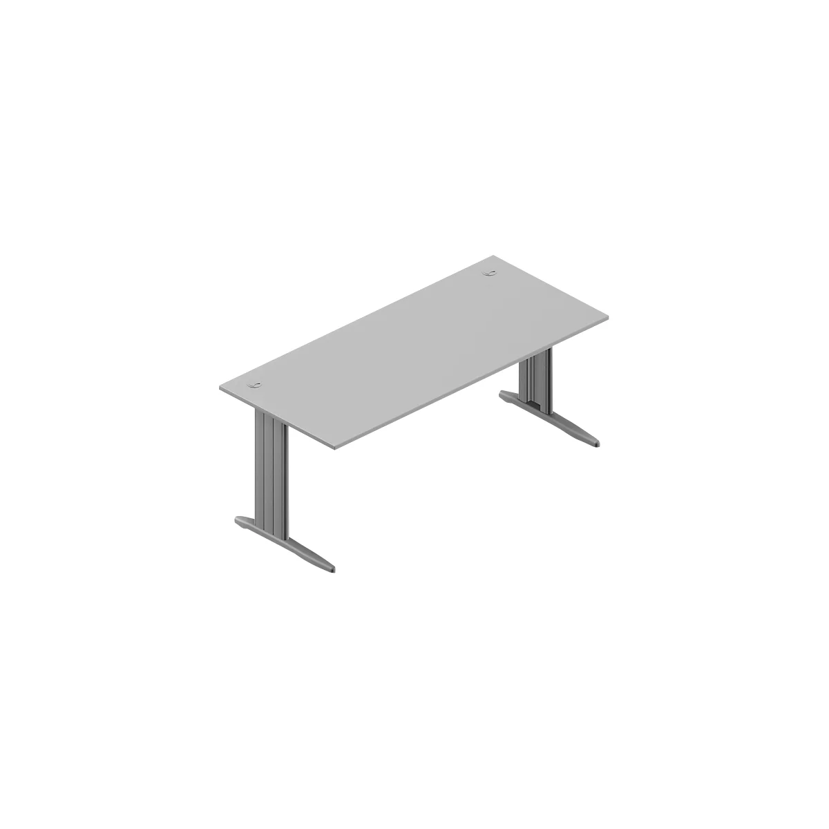 Grey, rectangular metal desk, with two vertical column legs.