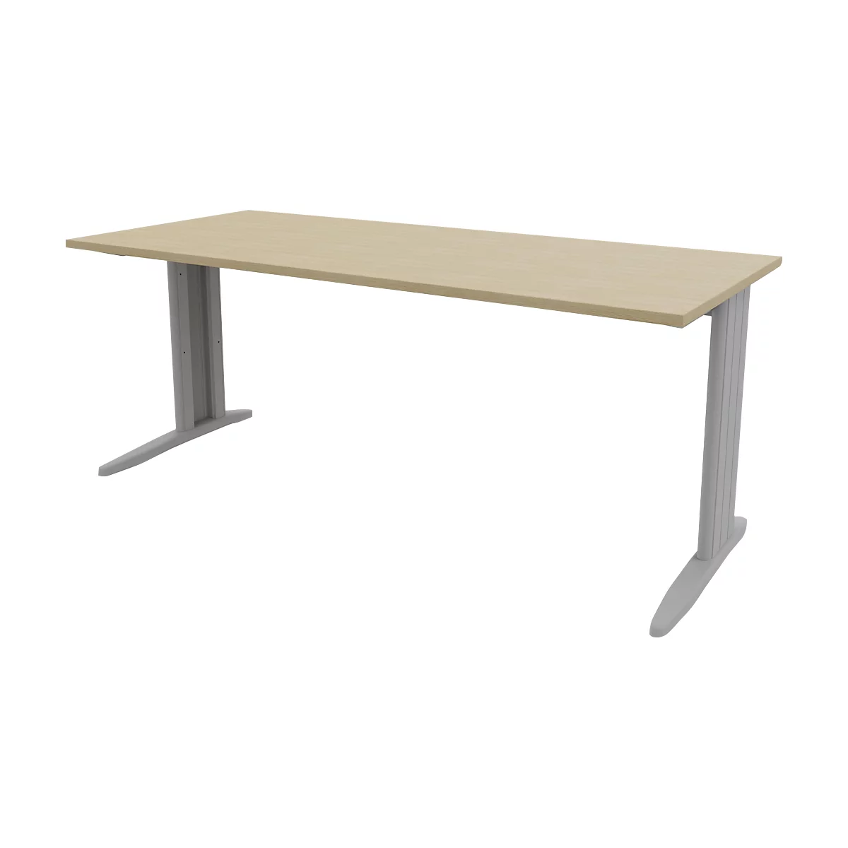 A rectangular, light wooden desk with two gray, T-shaped legs.