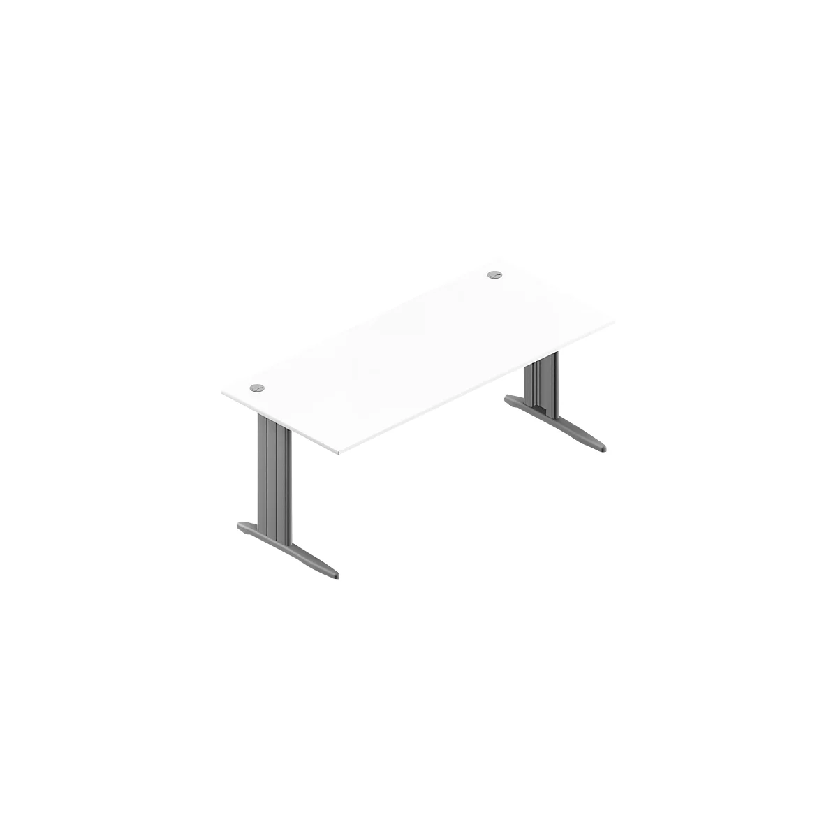 White office desk with two silver legs. Two silver buttons are visible on the tabletop.