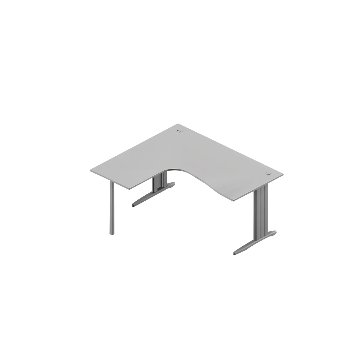Gray L-shaped desk, isolated on a white background. It has two legs that converge towards the floor.