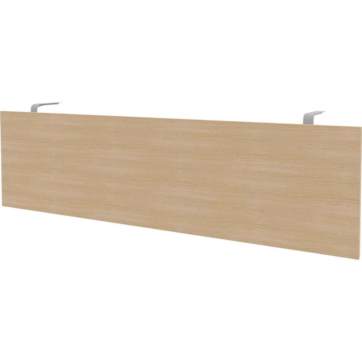 Wooden panel with brackets. Light wood grain. Two silver brackets attached at the top.