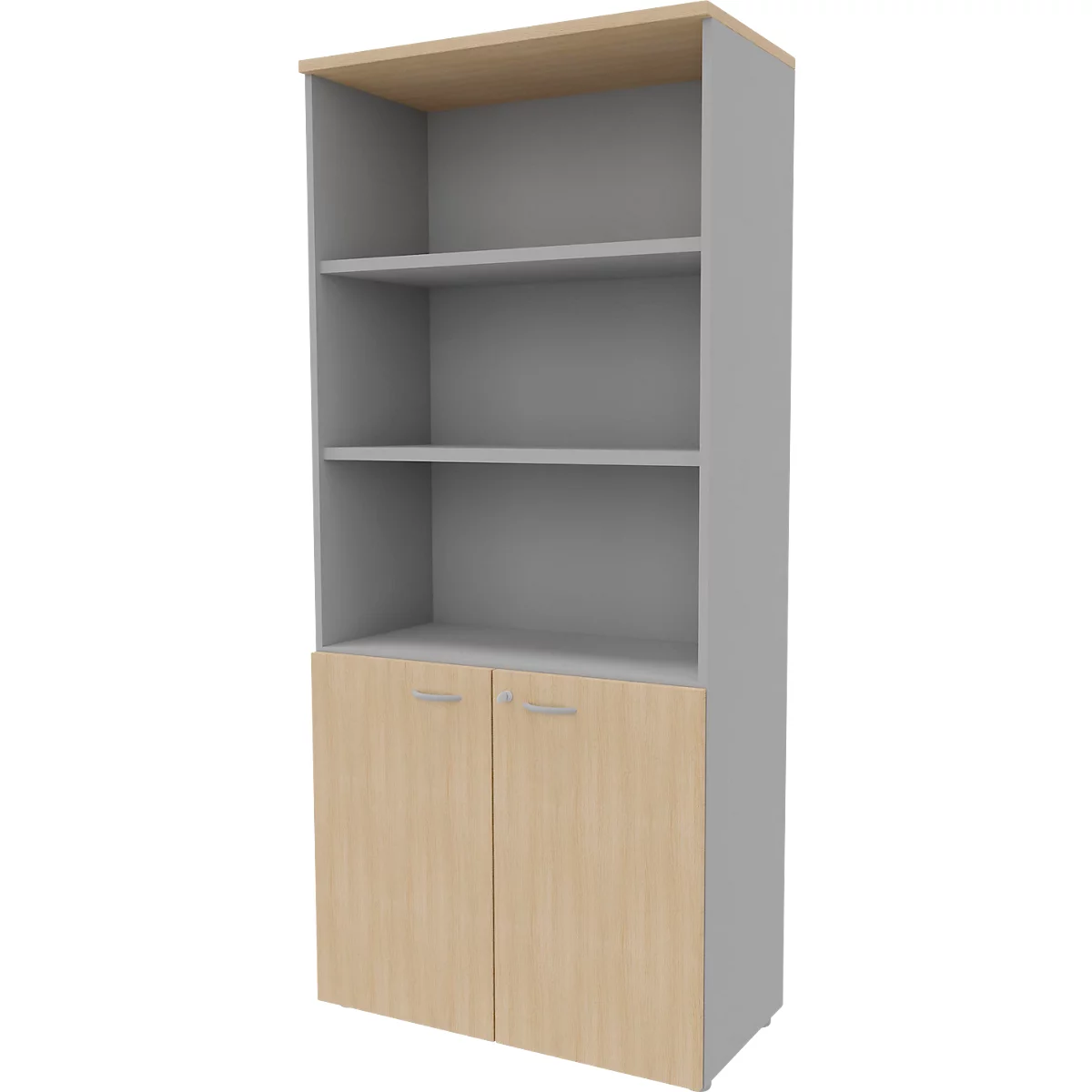 Gray bookcase with open shelves and doors, light brown accents.