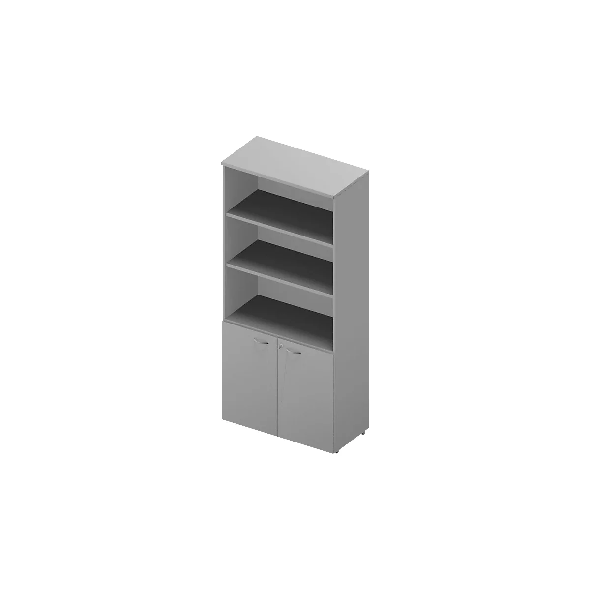 Gray bookshelf with open shelves on top and two doors at the bottom.