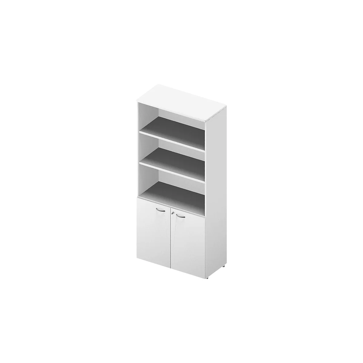 White bookcase with three shelves and two cabinet doors.
