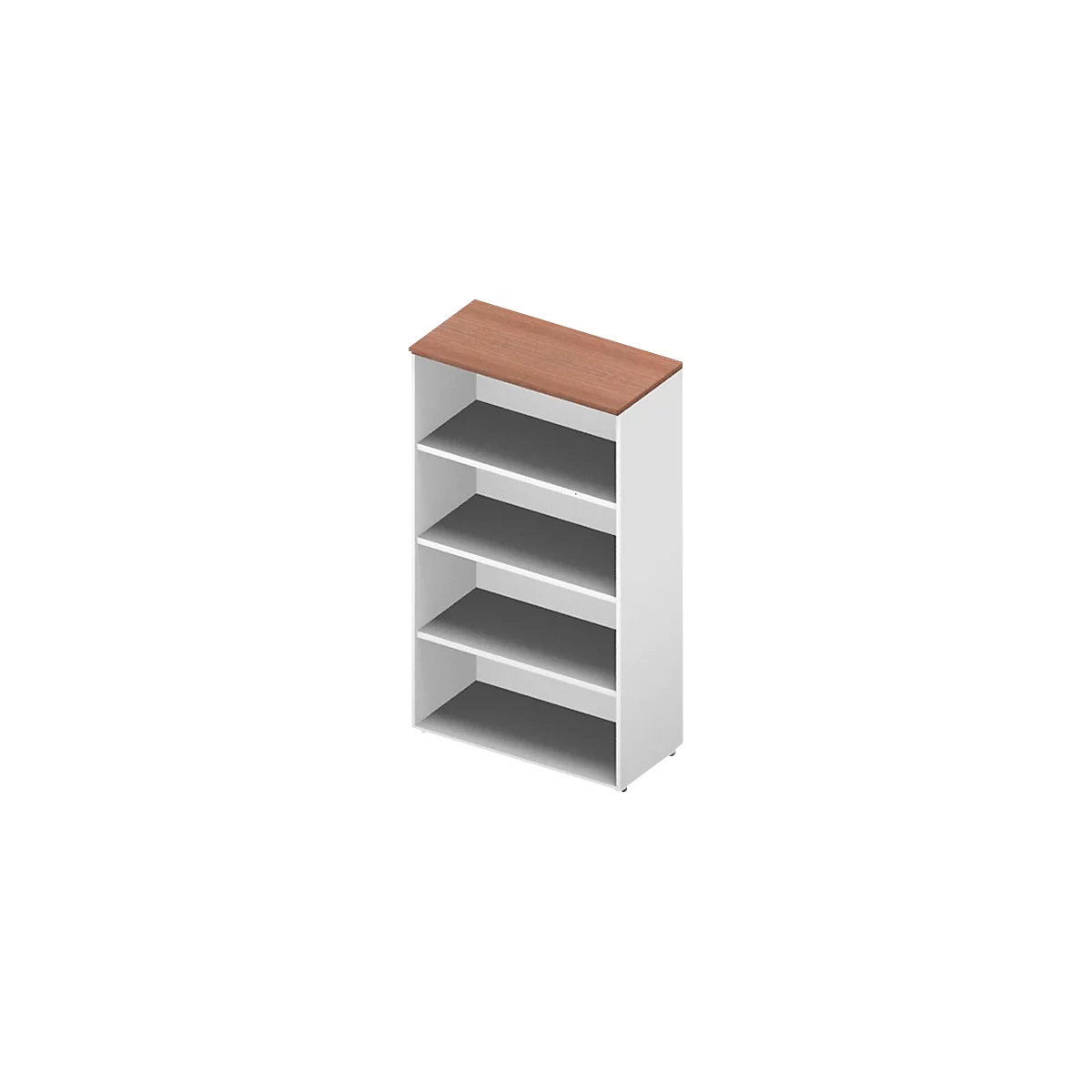 A white shelf with four open compartments and a brown wooden top.