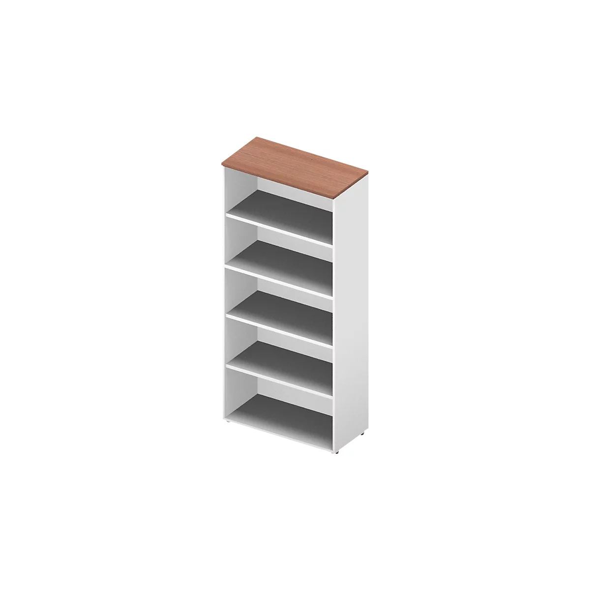 A white shelf with six compartments. The top plate is brown, the inner shelves are gray.