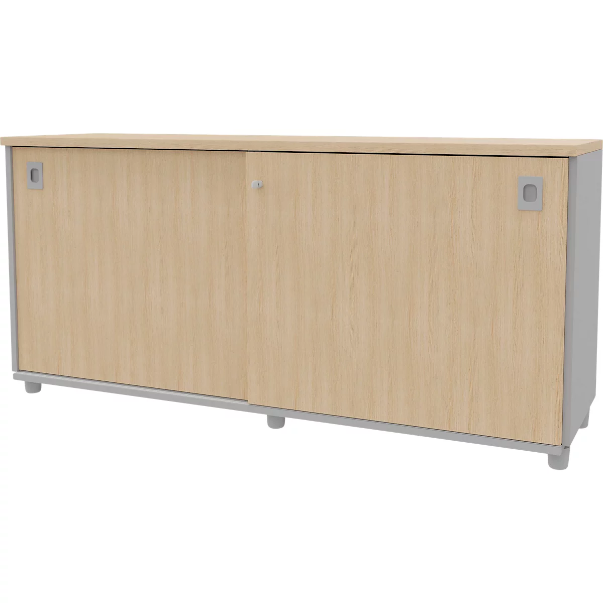 Cabinet with sliding doors, wood look, silver handles and feet.