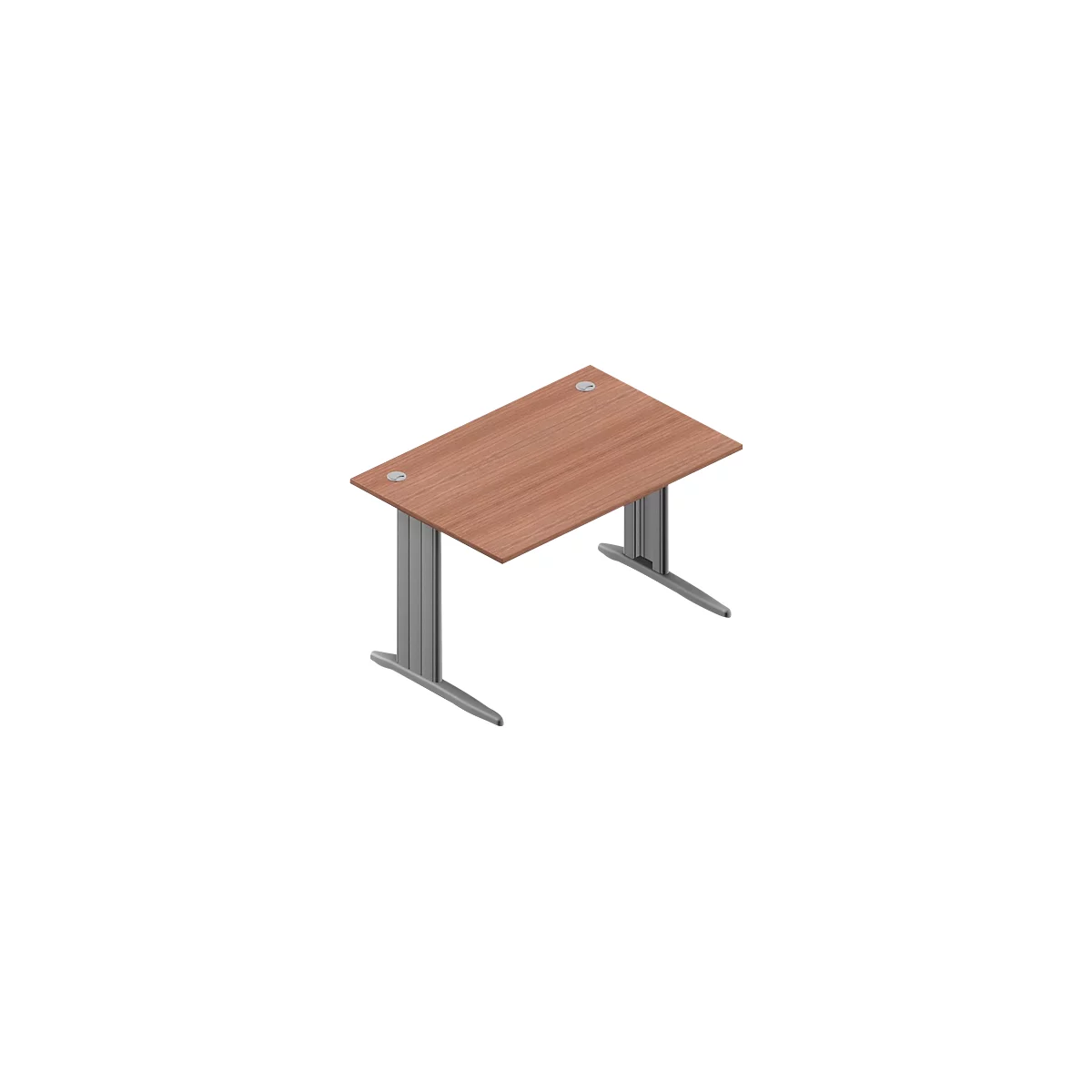 Wooden desk with silver legs and cable glands.