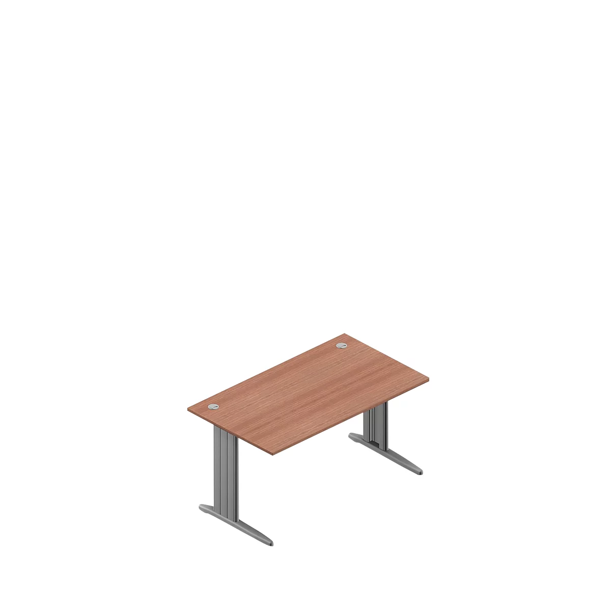 Wooden-look desk, gray legs, light brown tabletop with two holes.