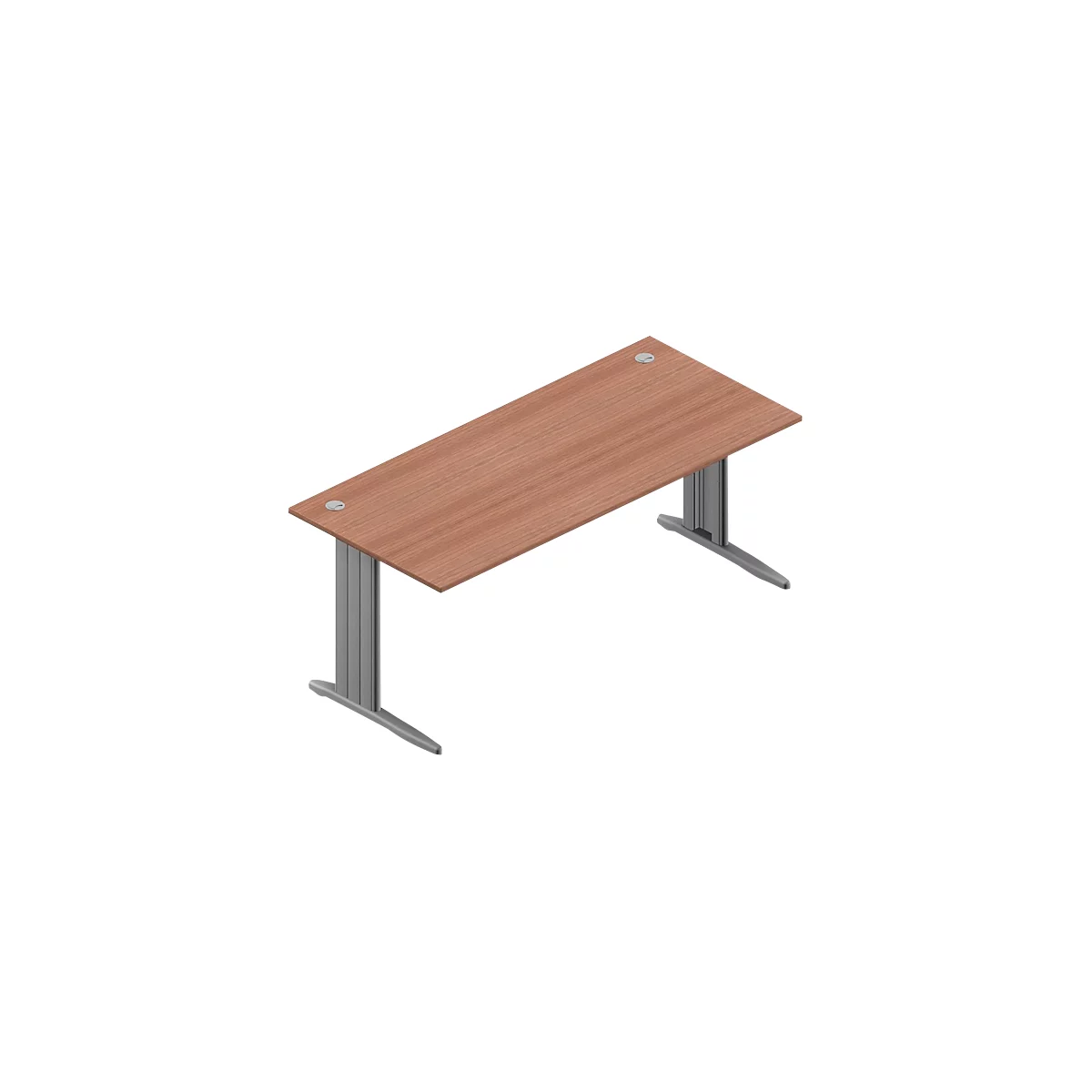 A rectangular desk with a wood look on silver metal legs. Two round cable outlets in the tabletop.