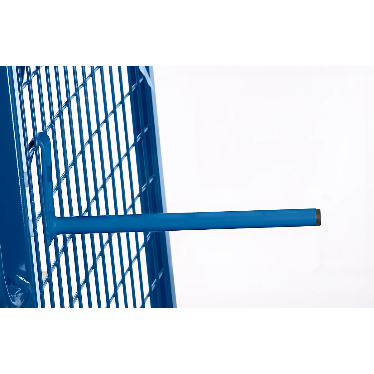 Blue detail of a metal construction, rod-shaped with grid, light background.
