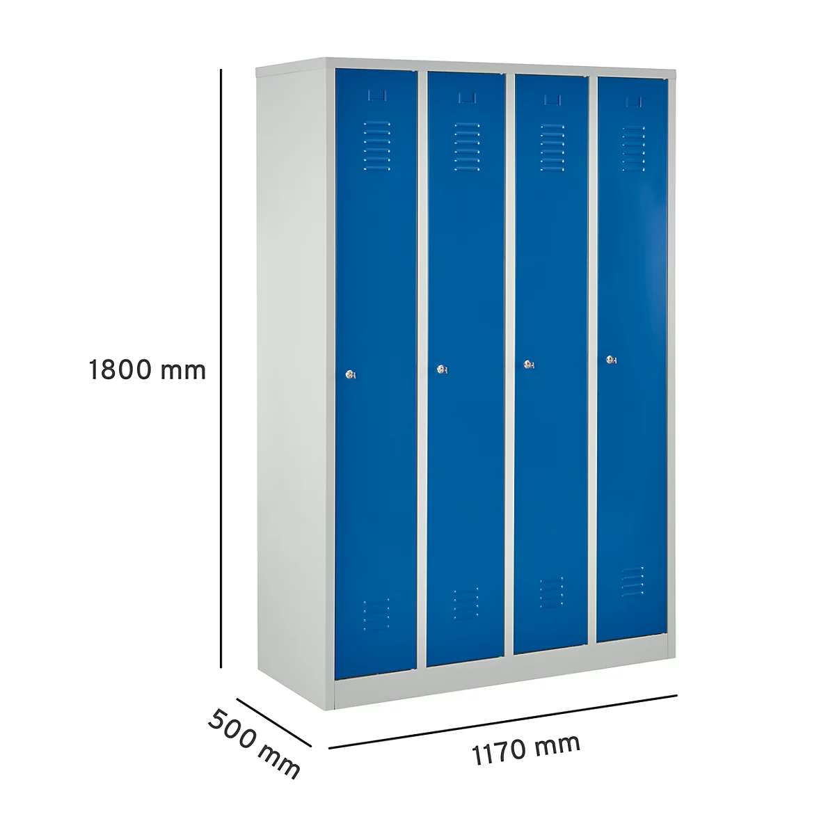 Armario, 4 puertas, ancho 1170 x alto 1800 mm, cerradura de cilindro, gris claro/azul genciana