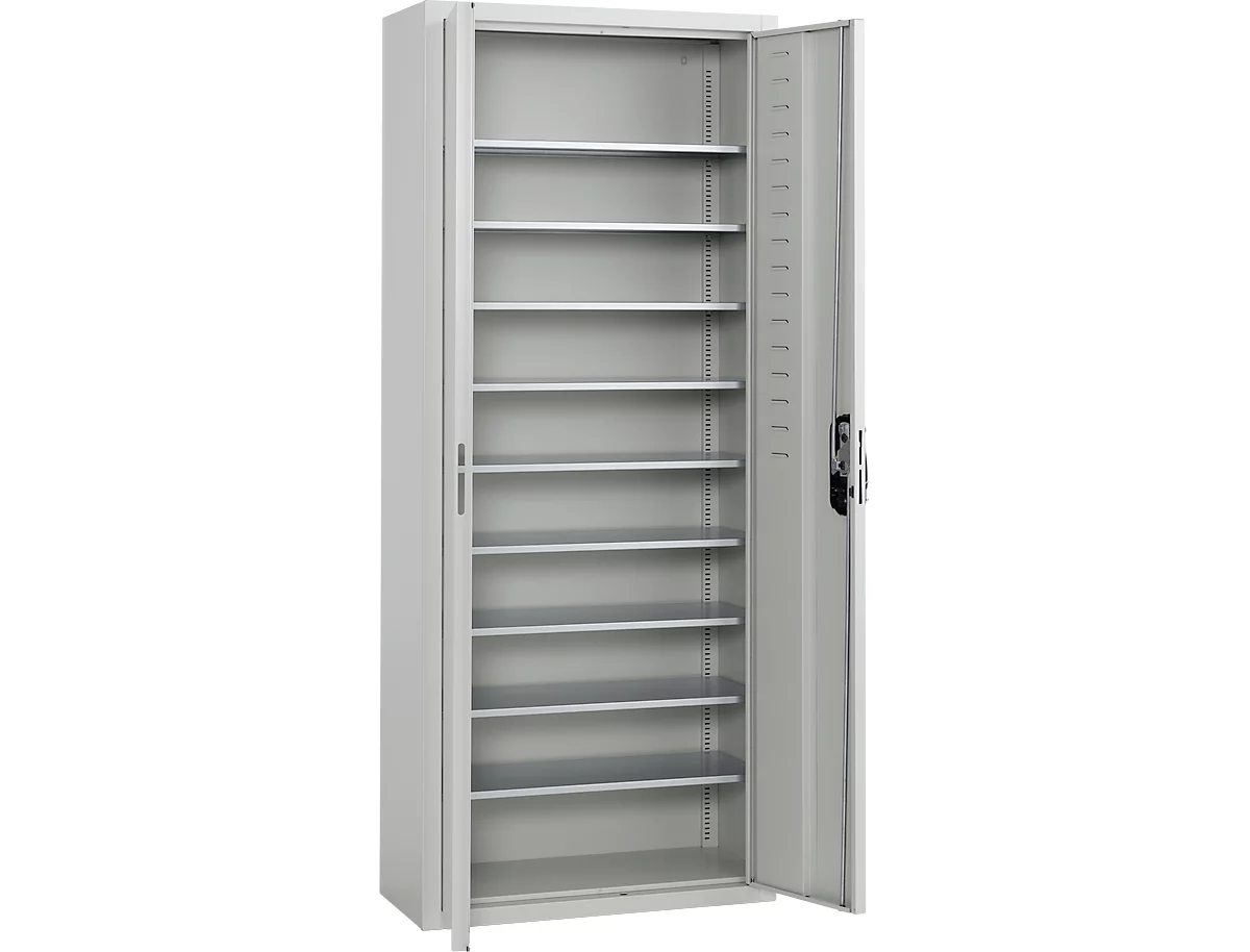 Armario-almacén, 1690 mm de alto, 11 estantes, sin cajas, con puertas, gris luminoso