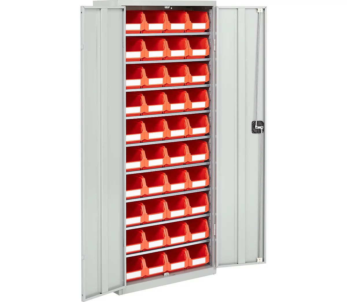 Armario-almacén, 1690 mm de alto, 9 estantes, 40 cajas, con puertas, gris luminoso