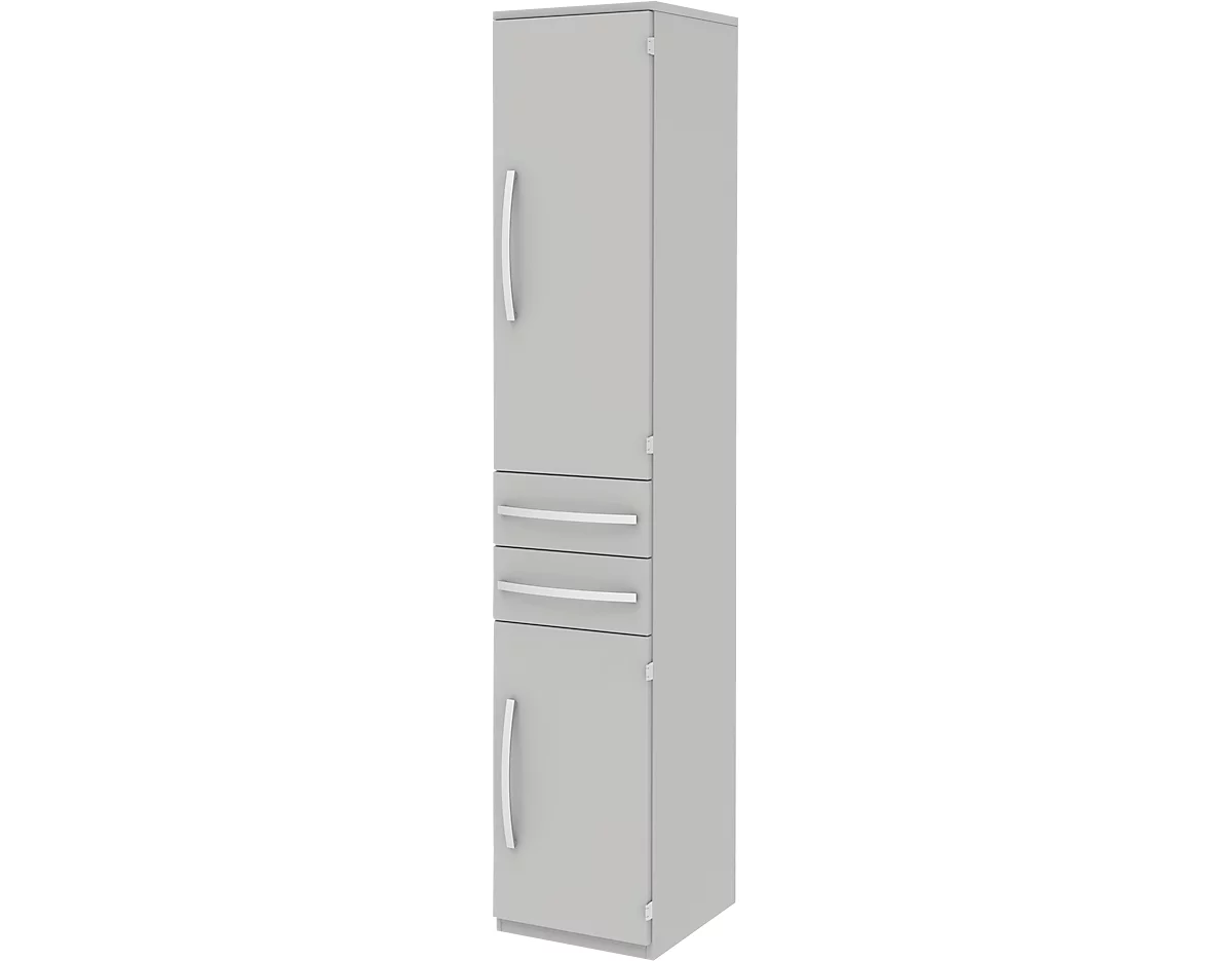 Armario archivador BARI, 6 AA, 3 estantes, 2 cajones, bisagra de puerta a la derecha, An 427 x P 430 x Al 2174 mm, gris claro/gris claro/aluminio