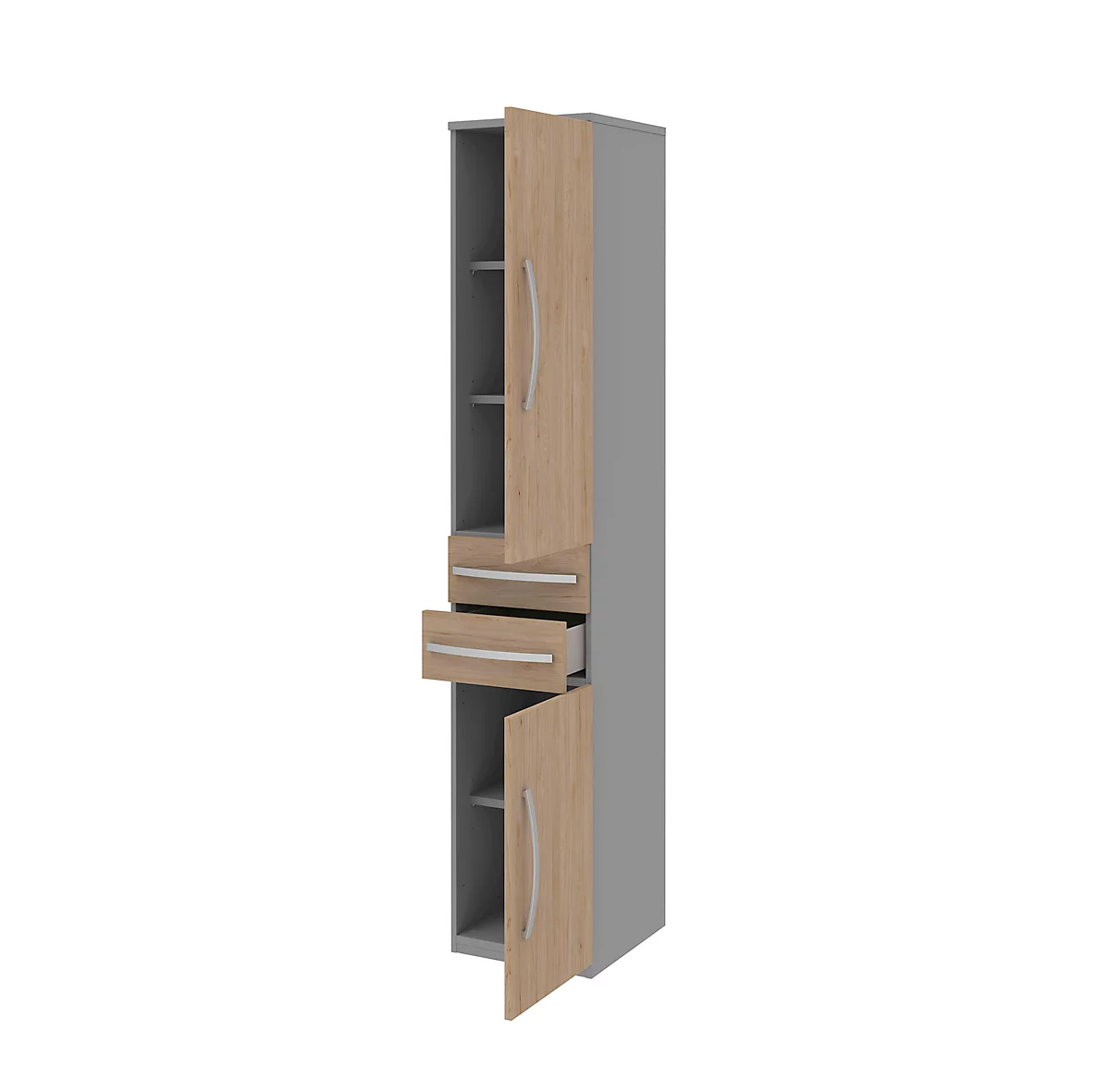 Armario archivador BARI, 6 AA, 3 estantes, 2 cajones, bisagra de puerta a la derecha, An 427 x P 430 x Al 2174 mm, gris medio/roble/aluminio