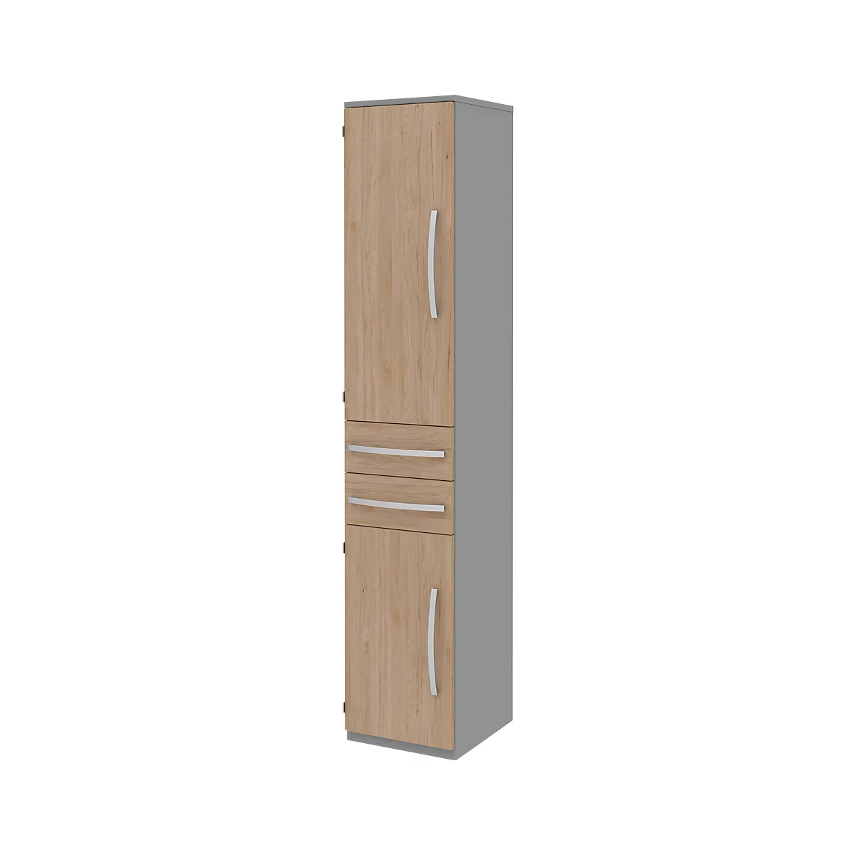 Armario archivador BARI, 6 AA, 3 estantes, 2 cajones, bisagra de puerta a la izquierda, An 427 x P 430 x Al 2174 mm, gris medio/roble/aluminio