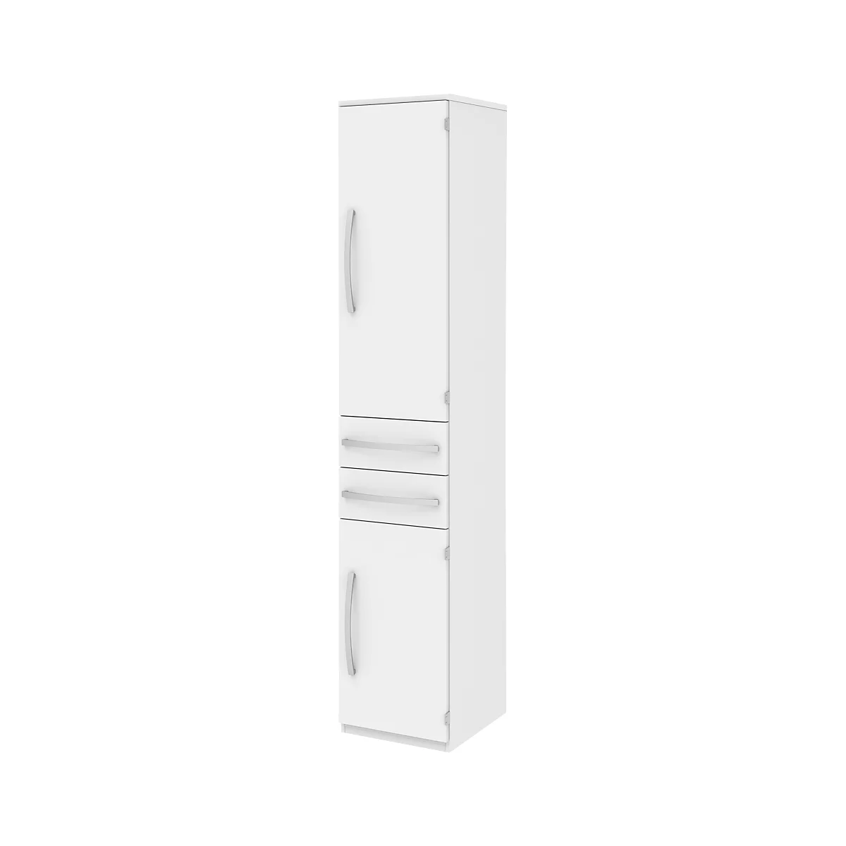 Armario archivador BARI, 6 alturas de archivo, 3 estantes, 2 cajones, bisagra de puerta a la derecha, An 427 x P 430 x Al 2174 mm, blanco/blanco/aluminio