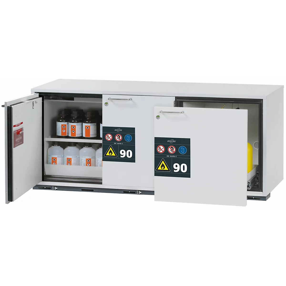 Armario bajo de seguridad tipo 90 asecos UB-ST-90, 1 cajón, 2 puertas batientes, frontal gris claro, An 1402 x Pr 502 x Al 600 mm