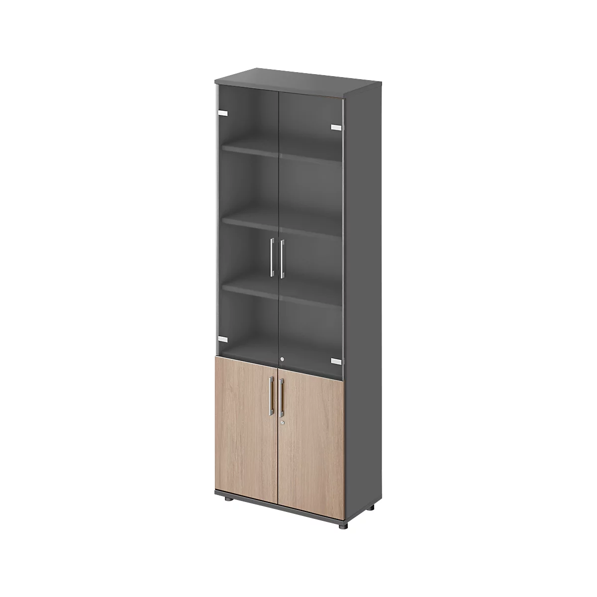 Armario combinado Schäfer Shop Genius TETRIS WOOD, 6 OH, H 2270 mm puertas de cristal y abatibles, altura incl. guías, grafito/roble