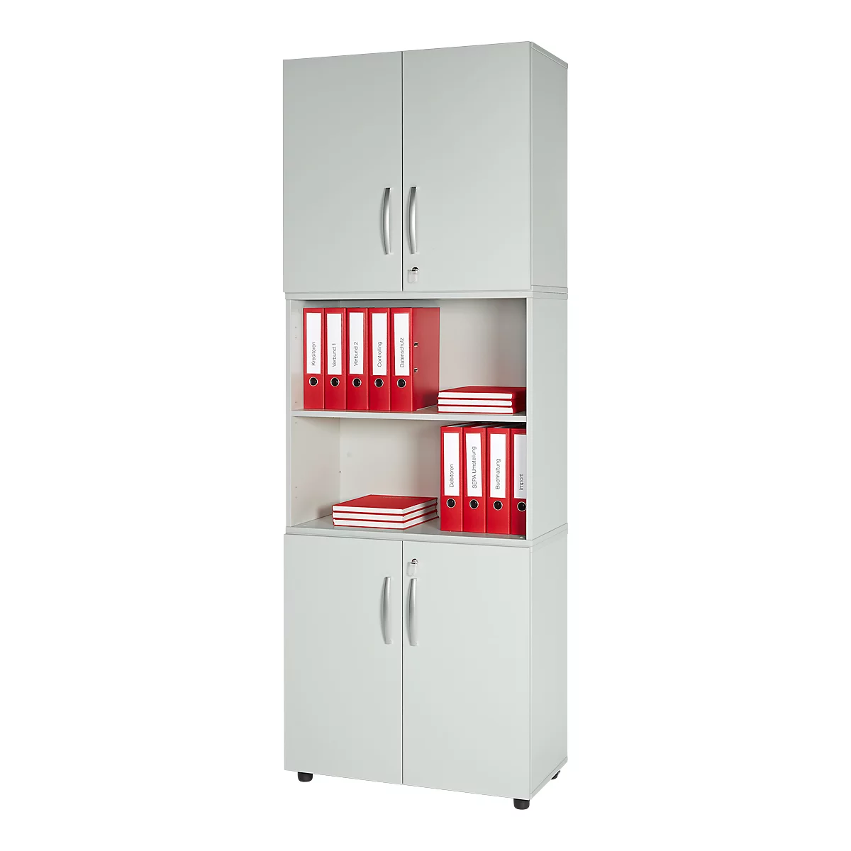 Armario combinado Schäfer Shop Select LOGIN, arriba y abajo 2 alturas de archivador con puerta, balda central, An 800 x P 420 x Al 2240 mm, gris claro/gris claro