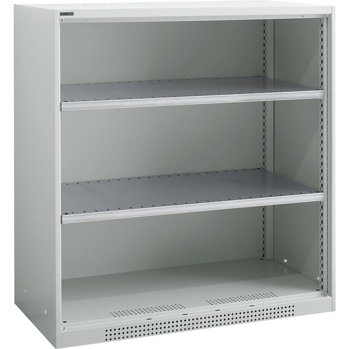 Estantería metálica gris con dos baldas sobre fondo neutro.