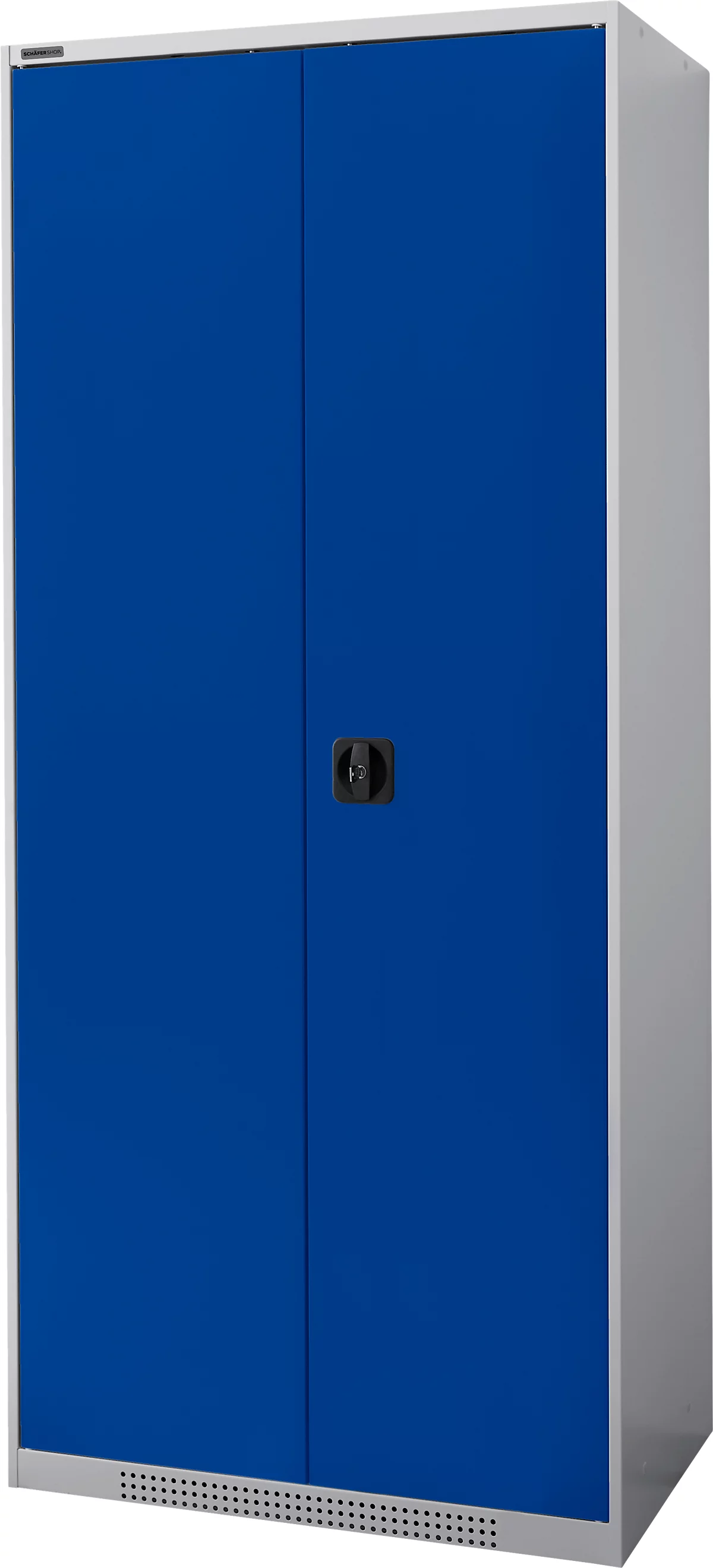 Armario con puerta abatible Schäfer Shop Genius FS, de acero, con orificios de ventilación, ancho 810 x fondo 520 x alto 1950 mm, 5 carpetas, aluminio blanco/ azul genciana, hasta 300 kg