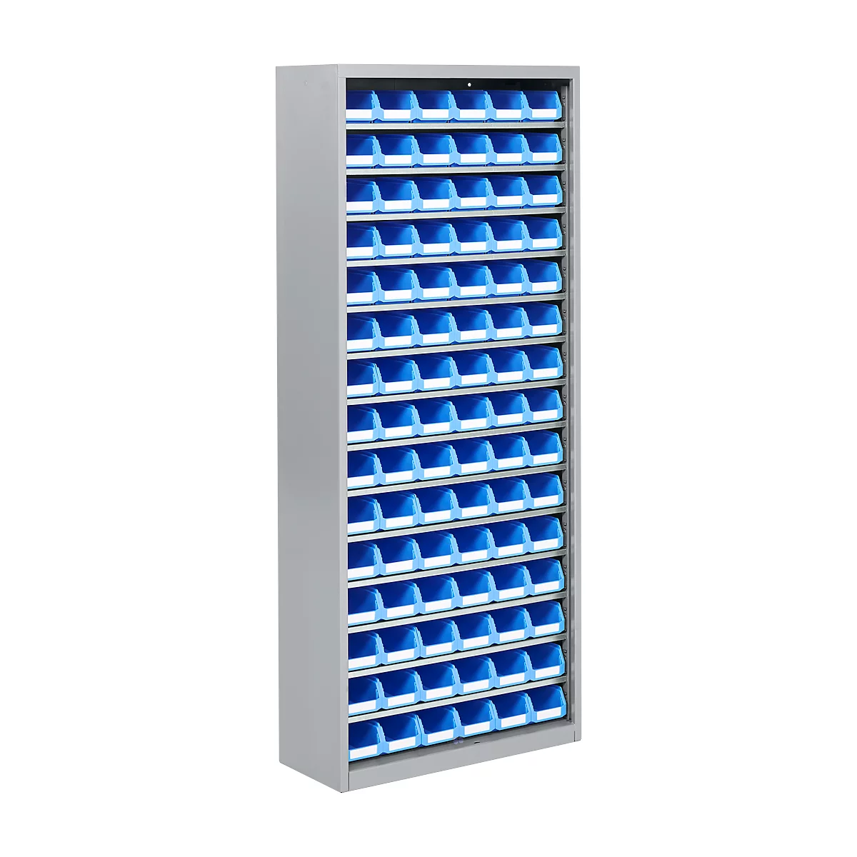 Armario gris con muchos contenedores azules para piezas pequeñas.