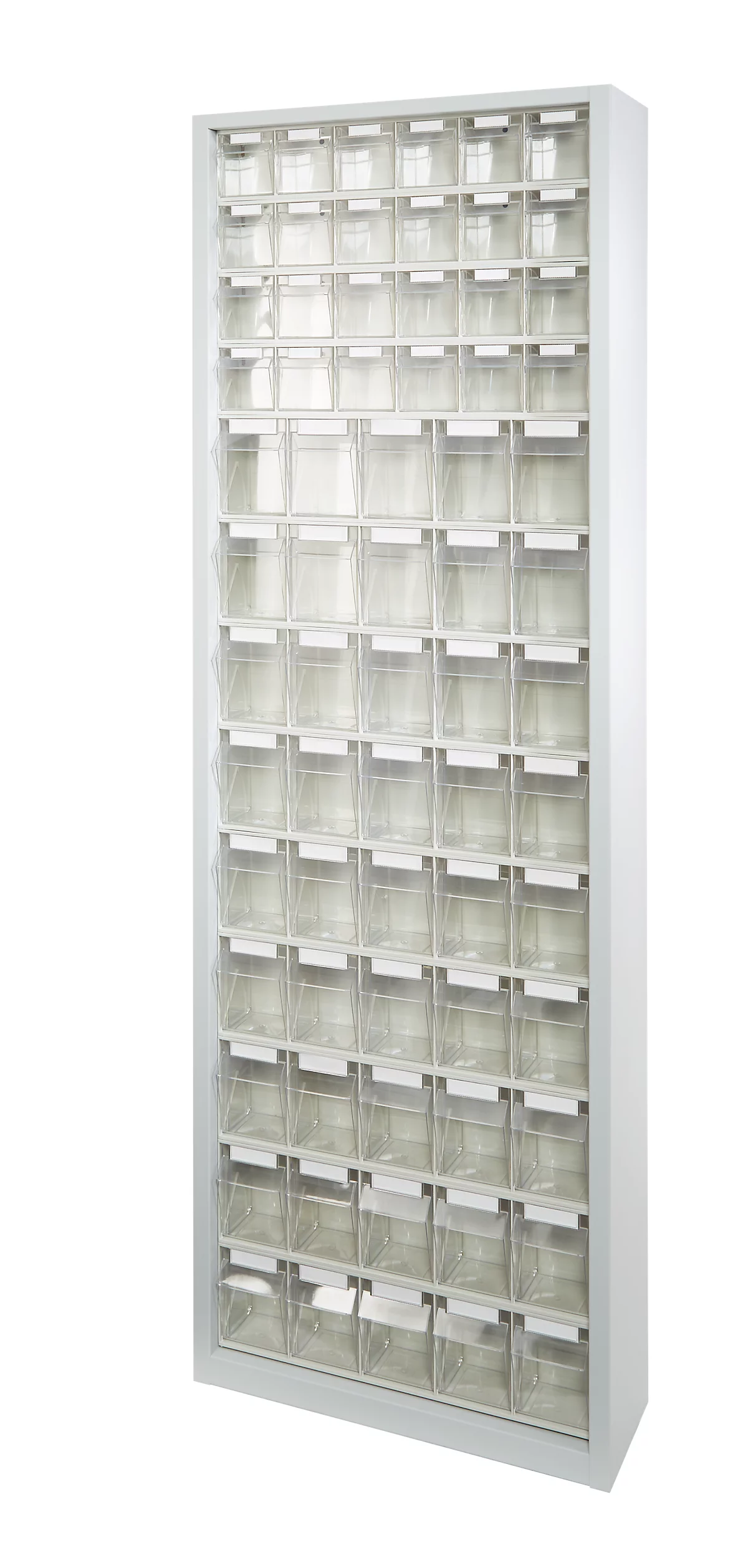 Armario de almacenamiento, capacidad 333 l, 69 cubos plegables extraíbles con asa empotrada, ancho 665 x fondo 250 x alto 2000 mm, gris claro/transparente