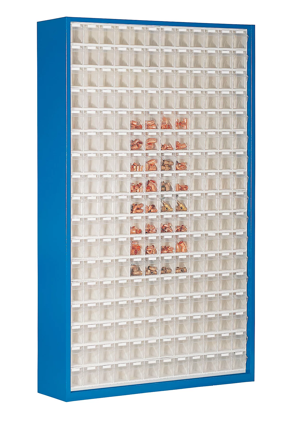 Armario de almacenamiento, volumen 635 l, 154 cajas de almacenamiento extraíbles con asa empotrada, ancho 1270 x fondo 250 x alto 2000 mm, g.azul/transparente