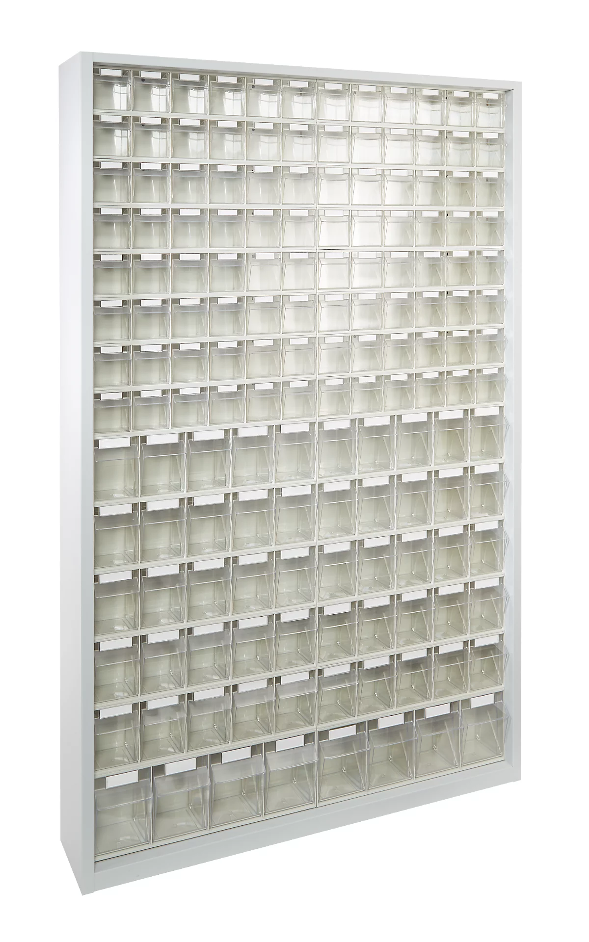 Armario de almacenamiento, volumen 635 l, 154 cajas de almacenamiento extraíbles con asa empotrada, ancho 1270 x fondo 250 x alto 2000 mm, l.gris/transparente