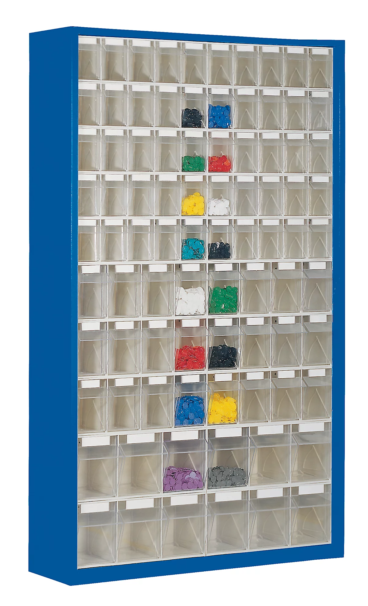 Armario de almacenamiento, volumen 635 l, 86 cajas de almacenamiento extraíbles con asa empotrada, ancho 1270 x fondo 250 x alto 2000 mm, g.azul/transp.