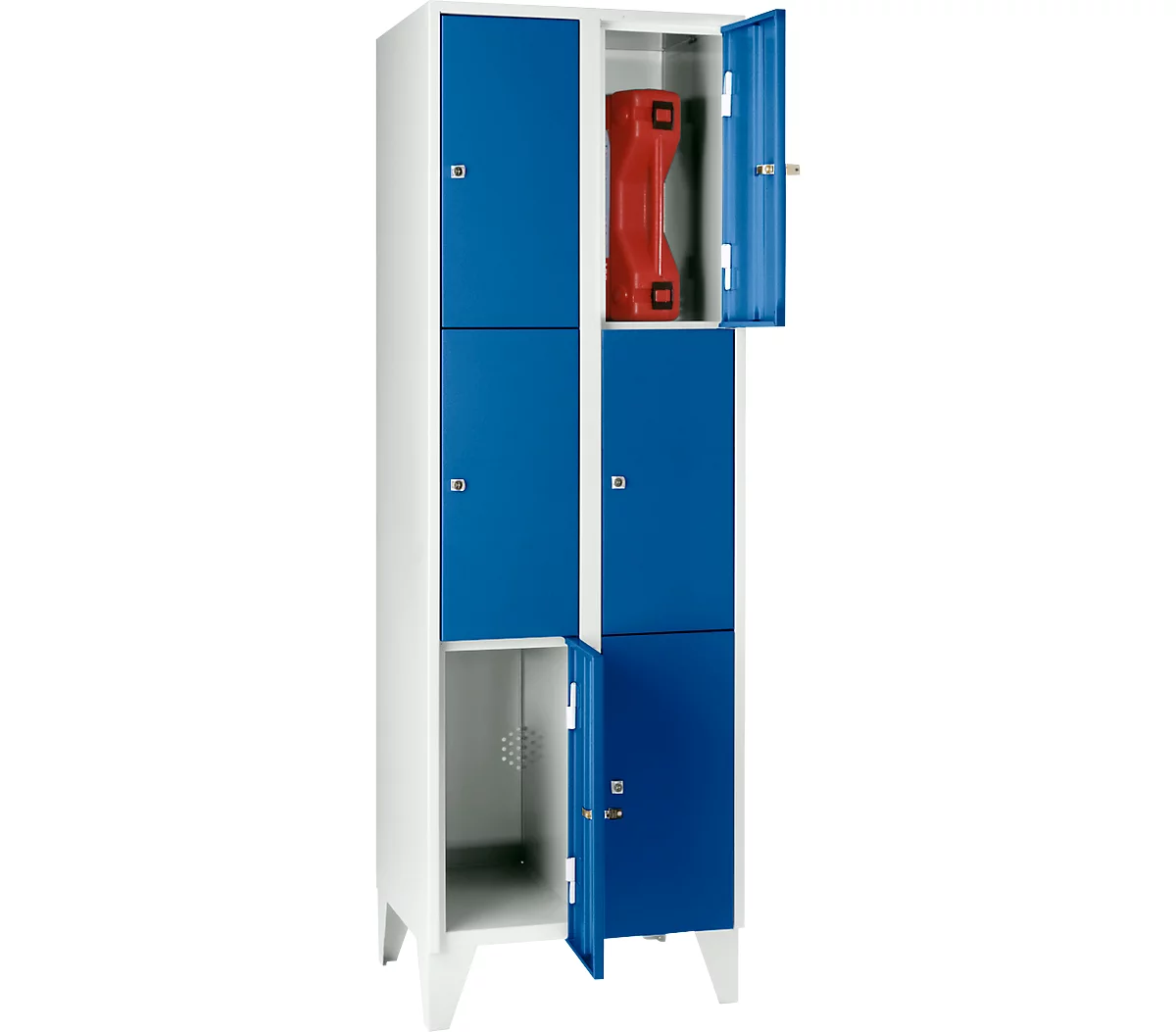 Armario de casilleros para objetos de valor 300 mm, 2 compartimentos, 6 compartimentos, cerradura de cilindro de seguridad, pie, azul genciana