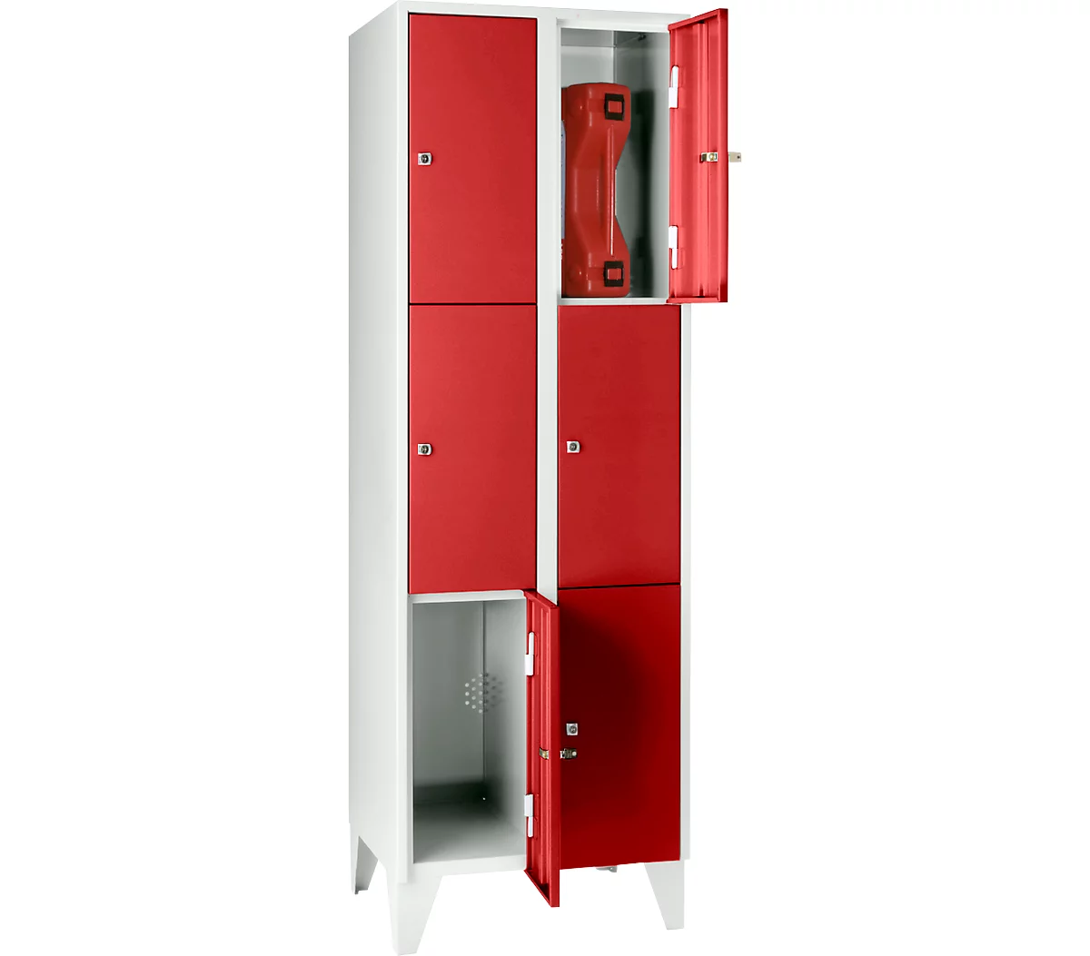 Armario de casilleros para objetos de valor 300 mm, 2 compartimentos, 6 compartimentos, cerradura de cilindro de seguridad, pie, rojo vivo