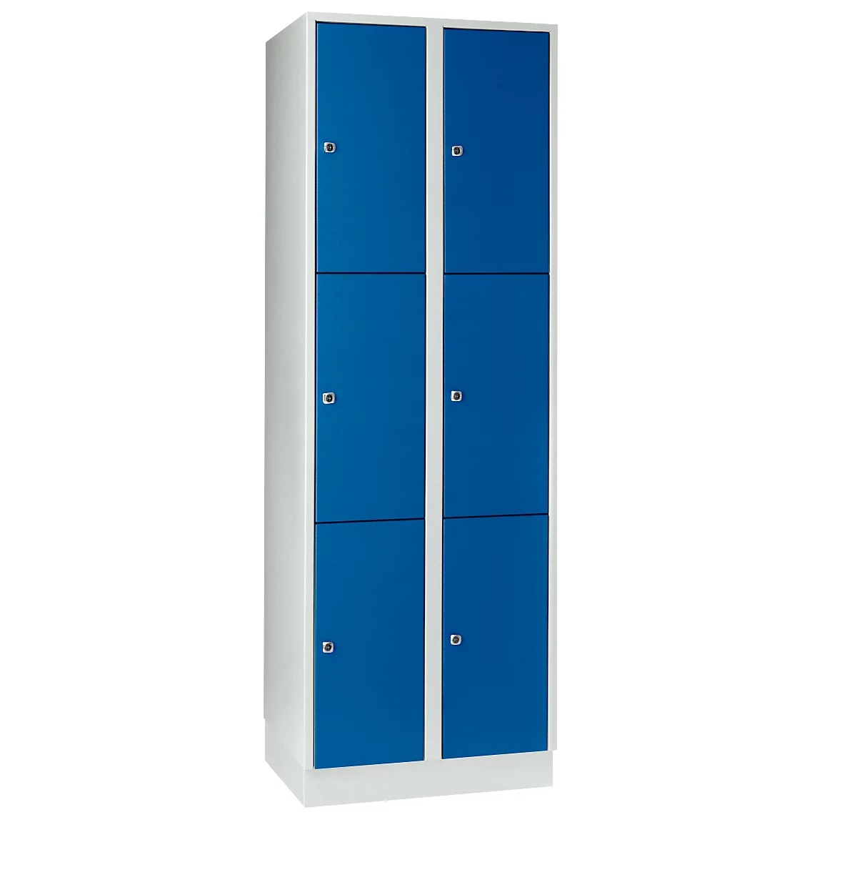 Armario de casilleros para objetos de valor 300 mm, 2 compartimentos, 6 compartimentos, cerradura de cilindro de seguridad, zócalo, azul genciana