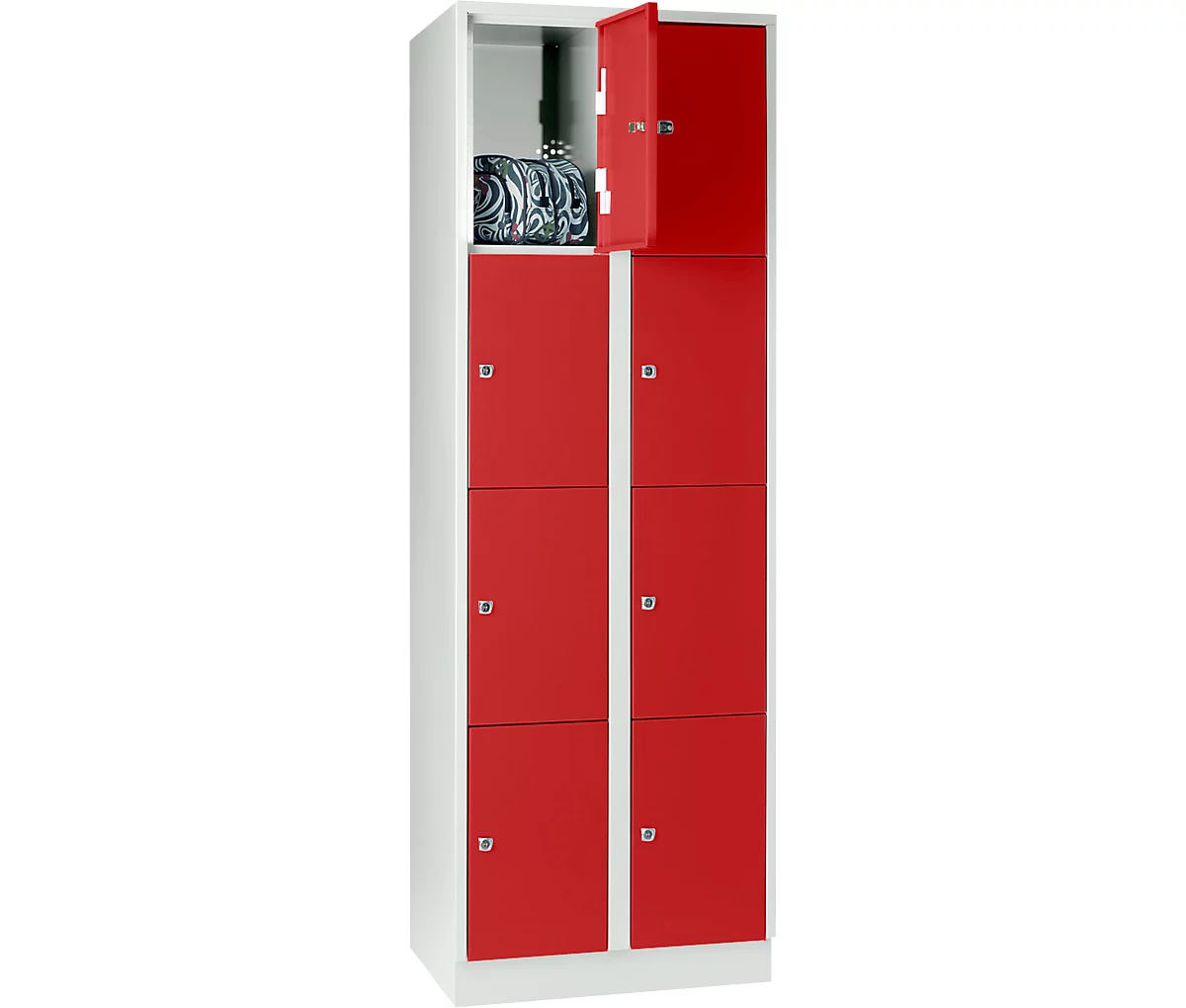 Armario de casilleros para objetos de valor 300 mm, 2 compartimentos, 8 compartimentos, cerradura de cilindro de seguridad, zócalo, rojo vivo
