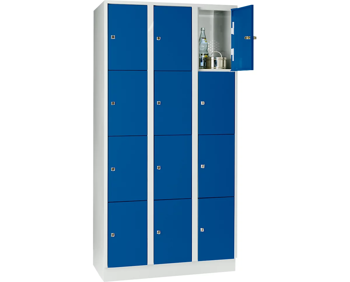 Armario de casilleros para objetos de valor 300 mm, 3 compartimentos, 12 compartimentos, cerradura de cilindro de seguridad, zócalo, azul genciana
