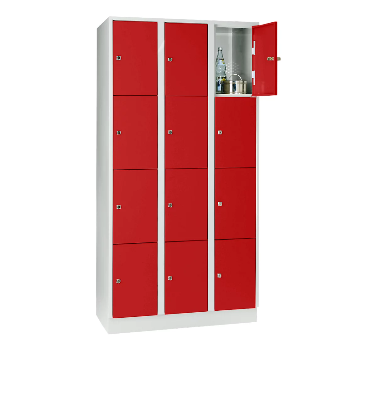 Armario de casilleros para objetos de valor 300 mm, 3 compartimentos, 12 compartimentos, cerradura de cilindro de seguridad, zócalo, rojo vivo