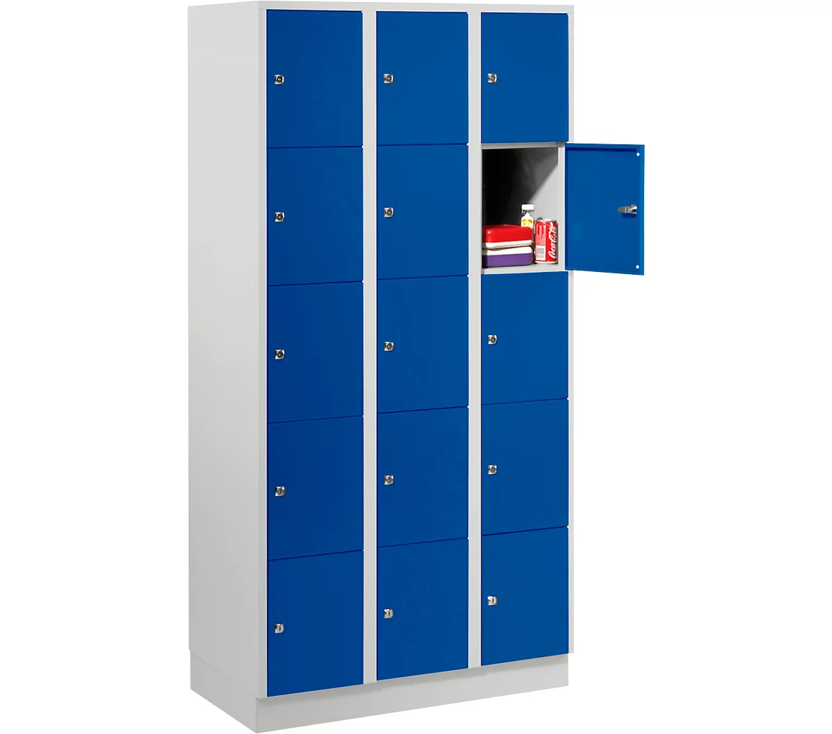Armario de casilleros para objetos de valor 300 mm, 3 compartimentos, 15 compartimentos, cerradura de cilindro de seguridad, zócalo, azul genciana