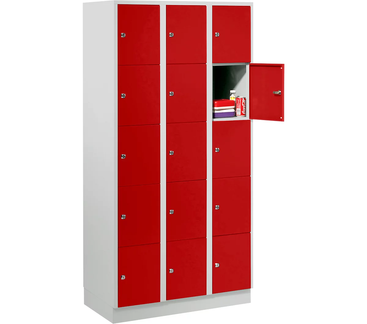 Armario de casilleros para objetos de valor 300 mm, 3 compartimentos, 15 compartimentos, cerradura de cilindro de seguridad, zócalo, rojo vivo