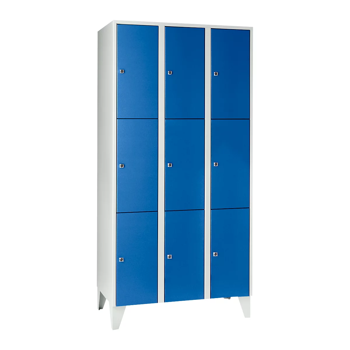 Armario de casilleros para objetos de valor 300 mm, 3 compartimentos, 9 compartimentos, cerradura de cilindro de seguridad, pie, azul genciana