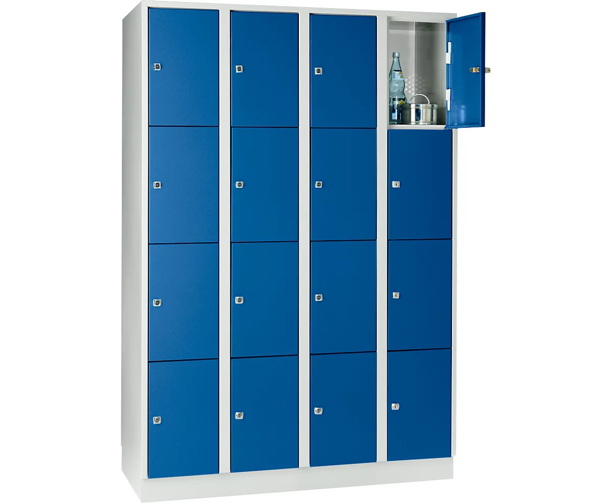 Armario de casilleros para objetos de valor 300 mm, 4 compartimentos, 16 compartimentos, cerradura de cilindro de seguridad, zócalo, azul genciana