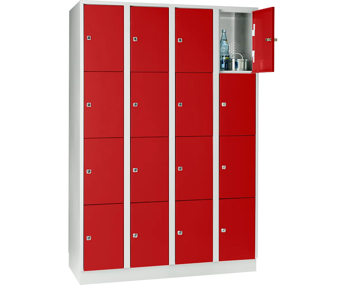 Armario de casilleros para objetos de valor 300 mm, 4 compartimentos, 16 compartimentos, cerradura de cilindro de seguridad, zócalo, rojo vivo