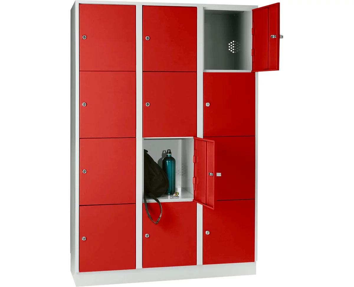 Armario de casilleros para objetos de valor 400 mm, 3 compartimentos, 12 compartimentos, cerradura de cilindro de seguridad, zócalo, rojo vivo