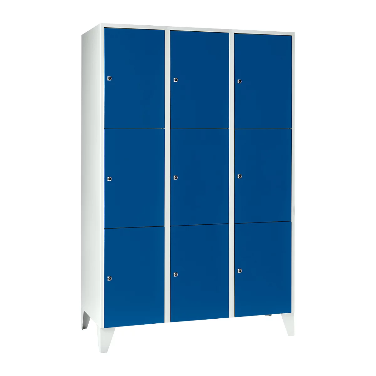 Armario de casilleros para objetos de valor 400 mm, 3 compartimentos, 9 compartimentos, cerradura de cilindro de seguridad, pie, azul genciana