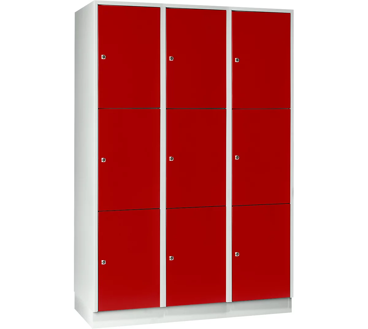 Armario de casilleros para objetos de valor 400 mm, 3 compartimentos, 9 compartimentos, cerradura de cilindro de seguridad, zócalo, rojo vivo