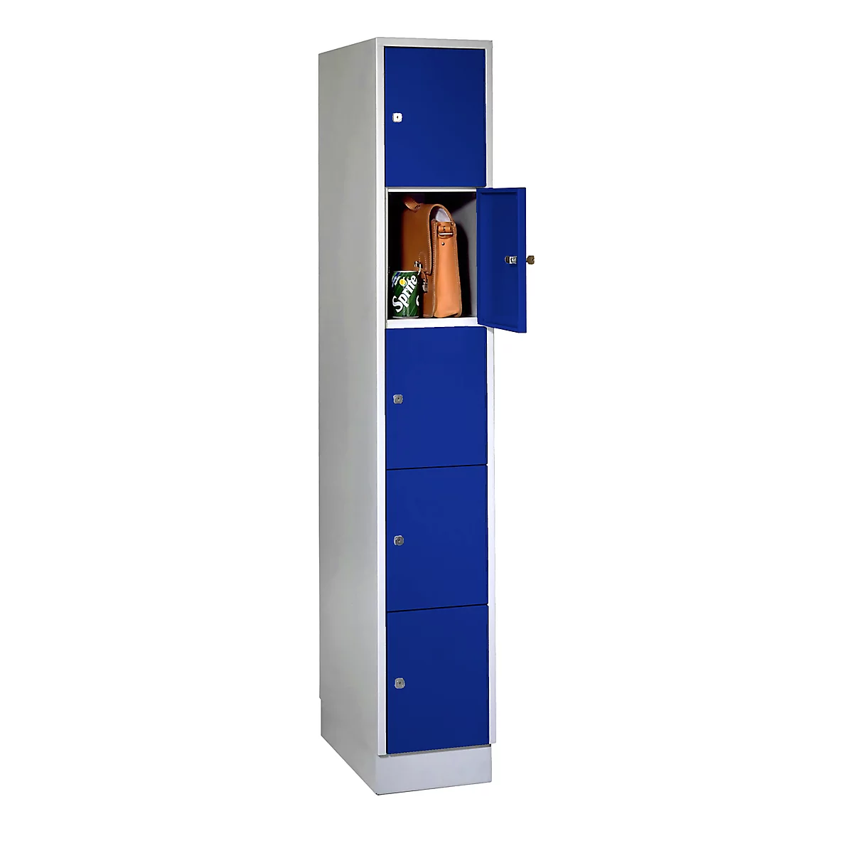 Armario de casilleros para objetos de valor, con zócalo, 5 compartimentos, anchura de los compartimentos 300 mm, cerradura de cilindro de seguridad, azul genciana