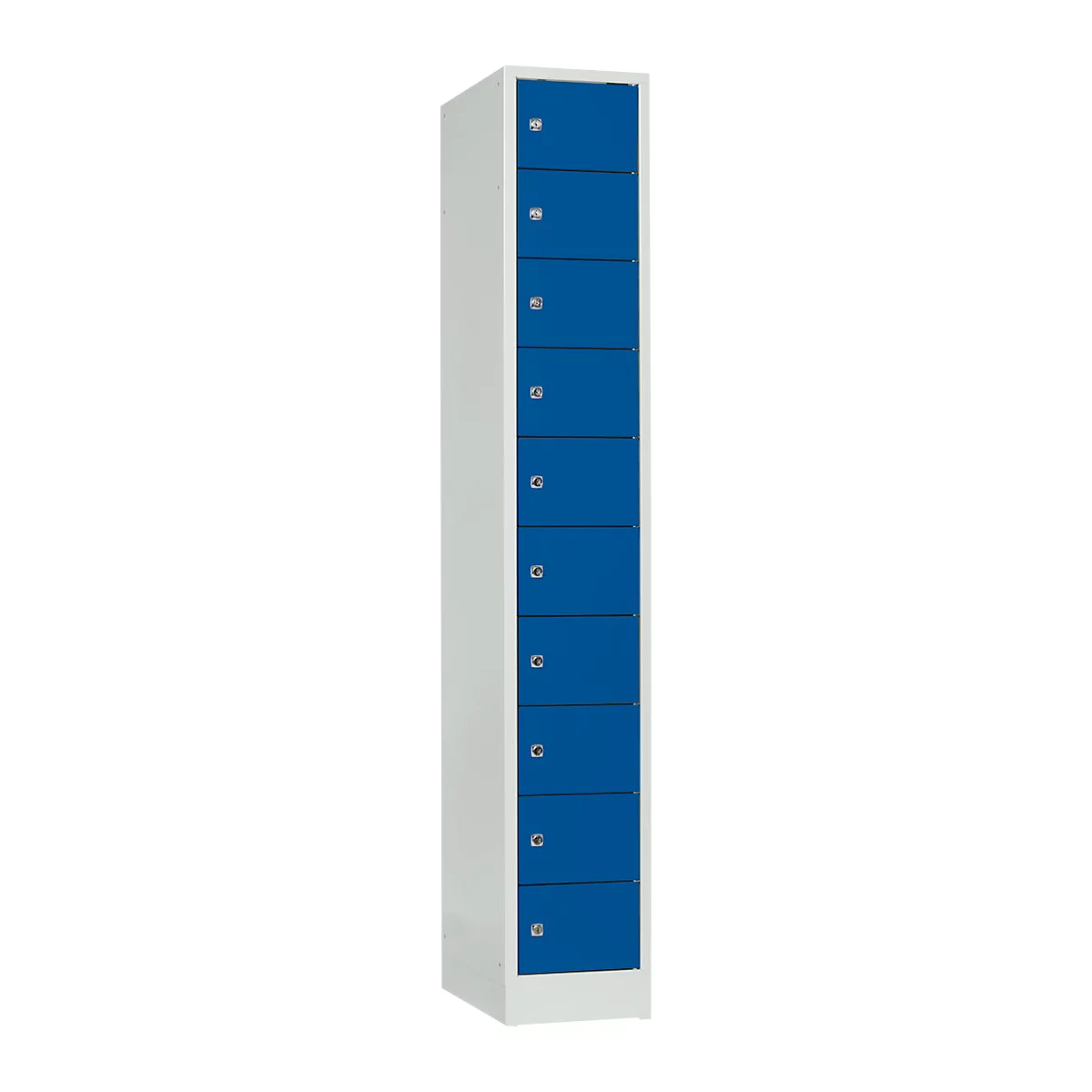 Armario de consigna, chapa de acero, bisagra puerta dch., cerradura de cilindro, 10 compartimentos, An 300 x Al 1800 mm, gris l. RAL 7035/azul genc. RAL 5010